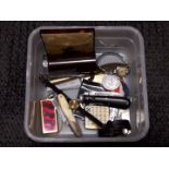 A box of assorted bric a brac including trench art, watches, penknives, WWI embroidered postcards