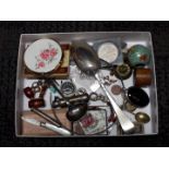 A box of assorted items including an 18th century silver spoon, other hallmarked silver comprising a