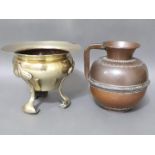 Two pieces of Arts & Crafts metal ware comprising a brass jardiniere marked 'SWS&B' and a copper