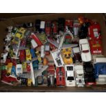 A box of mainly Corgi, Matchbox, Dinky, die-cast model vehicles.