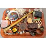 A box of assorted bric a brac including hallmarked silver, parasol handles, costume jewellery etc.