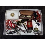 A box of assorted bric a brac including old keys, spectacles, tin money box, beads, a fountain pen