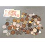 A collection of Gb and world coins, tokens and a ten shillings banknote etc. to include hammered