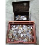 2 boxes of assorted GB and world coins & an Irish £1 banknote.