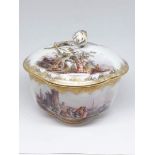 A porcelain lidded pot, circa 1900, decoration depicting rural scenes, gilt border, Meissen