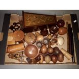 A collection of treen to include a cedar string box, a glass lined medical bottle, candlestick