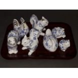 A selection of seven blue and white Minton Shalimar animal figures.