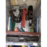 A box of model railway items including locos, rolling stock, track, controller etc together with a
