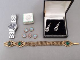 A mixed lot of jewellery comprising a gilt metal bracelet set with paste, a pair of Mackintosh