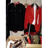 A military uniform together with a officer mess dress, 3 military hats, various belts and buttons.