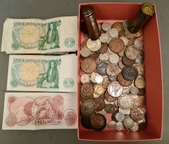 A box of assorted UK coins and banknotes including old silver coins, collectors coin holders etc.