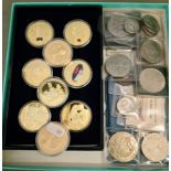 A box of assorted coins to include 7 x William and Catherine gold plated commemorative coins, 2 x