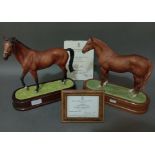 Two Royal Worcester horses on wooden stands with certificates, Hyperion & Nijinsky.