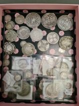 A box of assorted silver coins to include three crowns (1845,1889,1900), half crowns, florins,