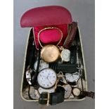 A tin containing various watches including a Rone Incabloc wristwatch and three pocket watches.