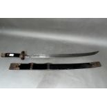 A Chinese sword, double fullered and etched blade, brass mounted wooden handle and scabbard, total