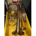 A Boosey & Hawkes 400 trumpet together with a brass horn.