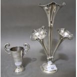 A hallmarked silver epergne and a small trophy cup, gross weight 9.6 ozt.