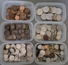 Six tubs of assorted coins to include commemorative crowns, pennies, half pennies, half crowns,