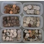 Six tubs of assorted coins to include commemorative crowns, pennies, half pennies, half crowns,