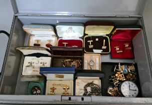 A deed box containing vintage jewellery, cuff-links, tie pins, silver and a Helvetia military