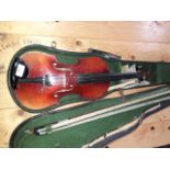 An old violin, one piece back, length 360mm, with two bows and case.