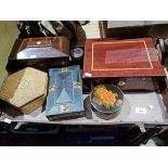 A collection of boxes including 19th century rosewood tea caddy, inlaid mahogany humidor, Players