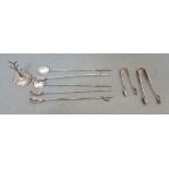 A selection of silver items including 5 Japanese "bamboo" cocktail / tea spoons, two pairs of