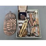 A small box of bric a brac including sports medals, penknives, propelling pencil etc