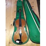 An old violin, two piece back, length 360mm, with bow and case.