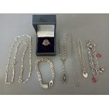 A vintage pearls and silver necklace, a silver ring, 3 silver bracelets and a silver chain, gross