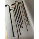 A bundle of various walking stick and canes including silver mounted, horn handled etc.