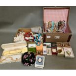 A case and a box of various costume jewellery to include brooches, bracelets, necklaces, rings, some