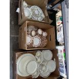 3 boxes of ceramics to include Royal Doulton Sandsprite dinner ware (appx 37 pcs), Colclough teaware