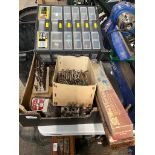 A multi drawer cabinet and a box of small ntools, thread chasers, callipers etc