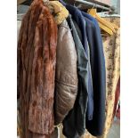 Quantity of gents jackets, a waxed jackets, an aviator's type jacket, 2 fur coats and a fur stole.