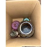 A box of art glass including Murano vase, scent bottle etc.