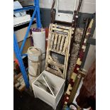 2 sets of stepladders, a set of steps, a white painted basket with floral decoration in relief, a
