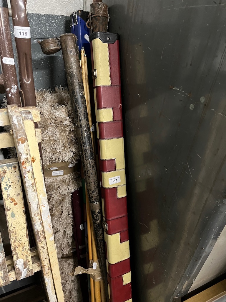 Quantity of snooker cues, cased and loose and 2 hockey sticks