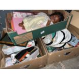 3 boxes of assorted items including clock, doll, navy hats, etc