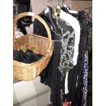 Ladies evening wear - 6 beaded blouses, 5 long skirts, and a basket containing fascinators