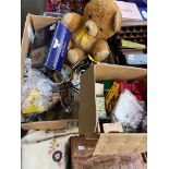 A box of miscellaneous items including boxed Jubilee goblets, ceiling light fitting, soft toy, dolls