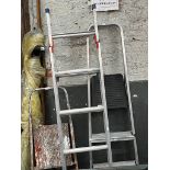 A Youngman set of aluminium stepladders a set of wooden stepladders, and an ABRU 3 way step ladder.