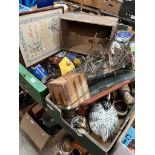 2 boxes of assorted items including model galleon, framed needlework, pottery, treen, doll,