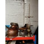 4 copper and 1 brass coal buckets, a posser, a parafin lamp, a shoe last, a bed warming pan, a