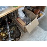 Three boxes of assorted items including whisky jugs, blow lamps, bottles, plates, a large
