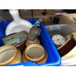 2 boxes of household items to include stoneware, bedpan, bowl, icing set, old mincer, a chromed