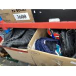 2 boxes of motorcycle leathers, pants, gloves, helmets, etc.