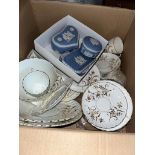 A small box of Jasperware together with some china cups and saucers.