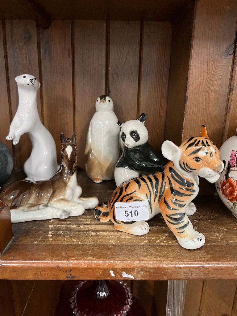 5 Lomonosov animal figures made in USSR, including penguin and panda